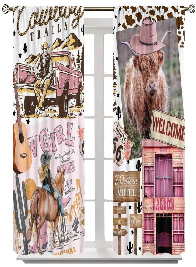 AAVEUP Cowboy Curtains for Kids,Rural Pink Western Desert Highland Cow Railway Cactus Cowboy Women Guitar Window Drapes Print for Girls Bedroom Living Room 42x45in（No Blackout） - Image 2